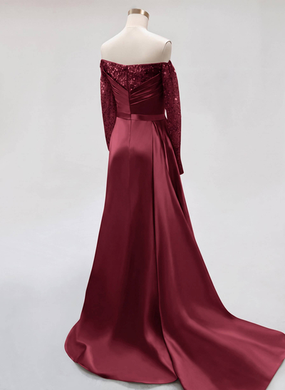 Sheath/Column Off-The-Shoulder Long Sleeves Satin Prom Dresses With High Split