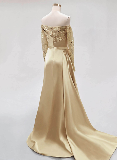 Fitted Off-The-Shoulder Long Sleeve Satin Formal Dresses With High Slit