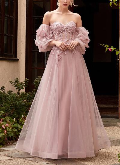 A-Line Off-The-Shoulder Elegant Tulle Prom Dresses With Appliques Lace