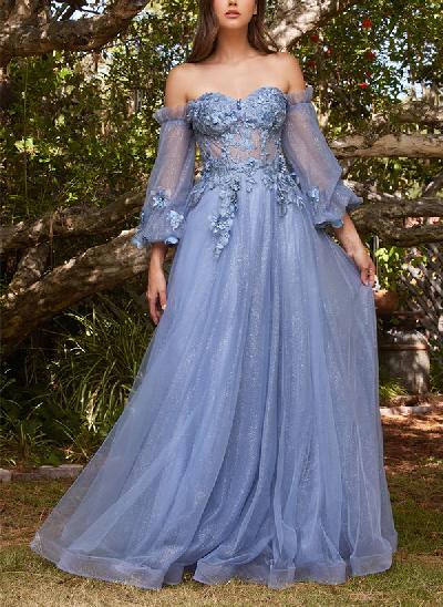 A-Line Off-The-Shoulder Elegant Tulle Prom Dresses With Appliques Lace