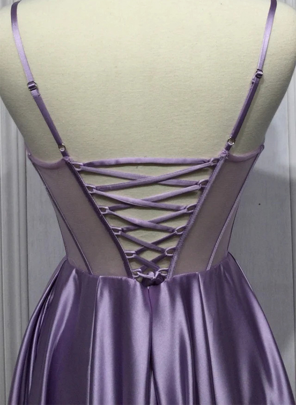 A-Line Sweetheart Sleeveless Silk Like Satin Prom Dresses With Split Front