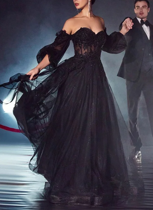 A-Line Sweetheart 3/4 Sleeves Tulle Prom Dresses With Appliques Lace $185