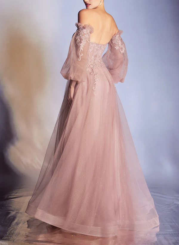 A-Line Sweetheart 3/4 Sleeves Tulle Prom Dresses With Appliques Lace