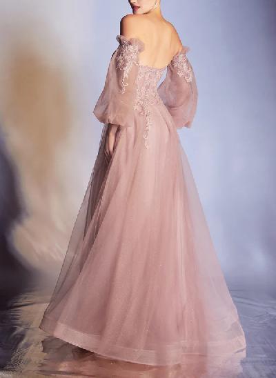 A-Line Sweetheart 3/4 Sleeves Tulle Prom Dresses With Appliques Lace
