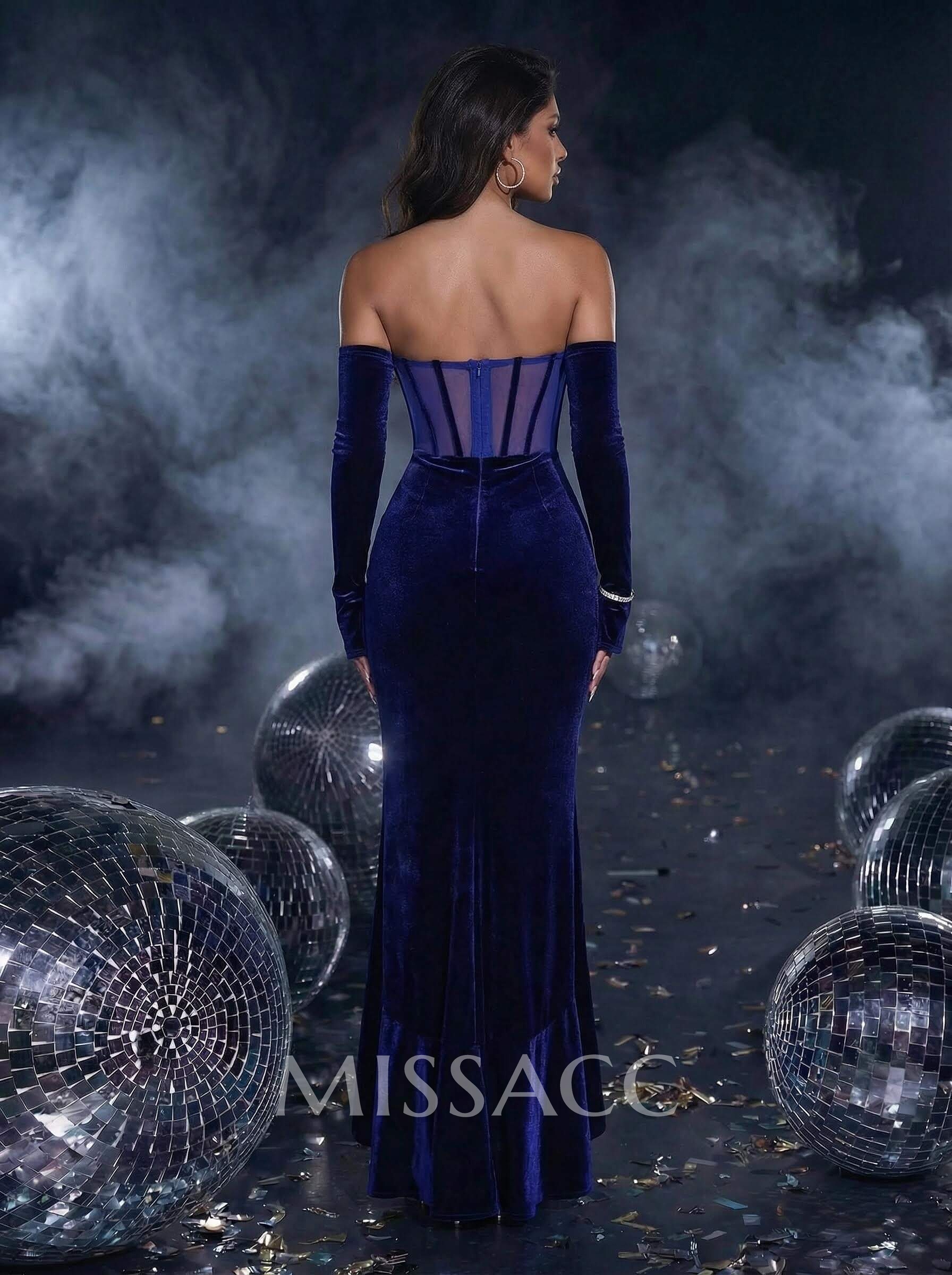 Sheath/Column Off-The-Shoulder Long Sleeves Velvet Prom Dresses With Split Front/Cascading Ruffles