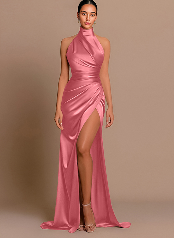 Sheath/Column Halter Silk Like Satin Prom Dresses With Split Front