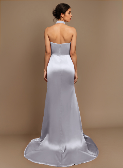 Sheath/Column Halter Charmeuse Prom Dresses With High Split