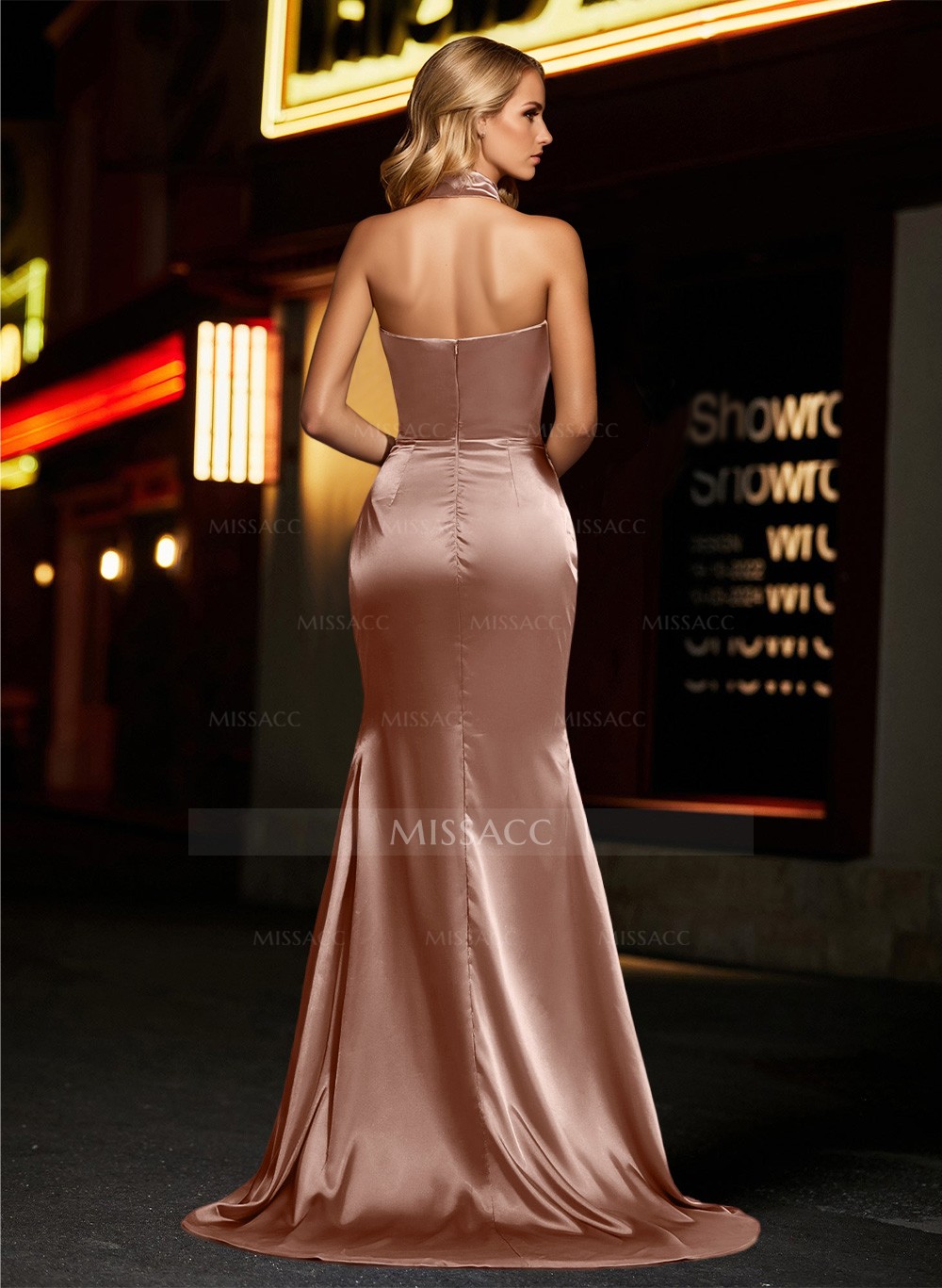 Sheath/Column Halter Charmeuse Prom Dresses With High Split