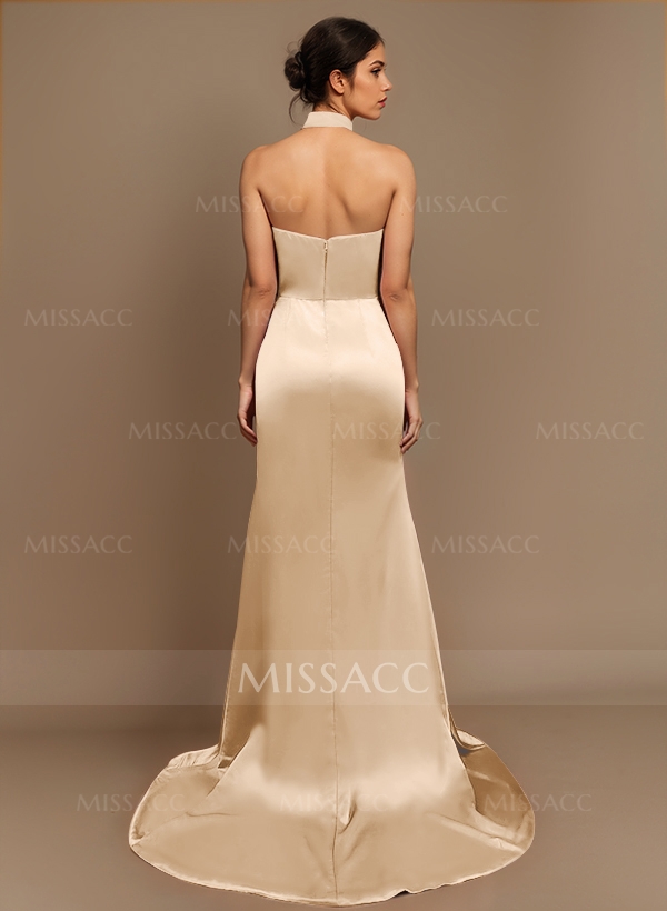 Sheath/Column Halter Charmeuse Prom Dresses With High Split