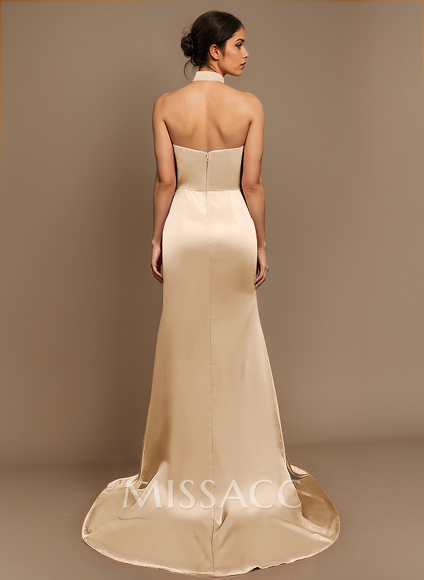 Sheath/Column Halter Charmeuse Prom Dresses With High Split