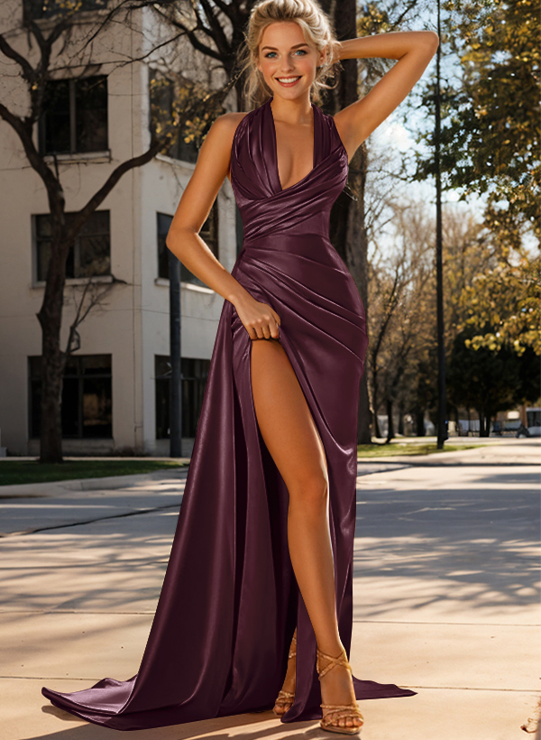 Sexy Halter Charmeuse Slit Prom Dresses With Ruffles