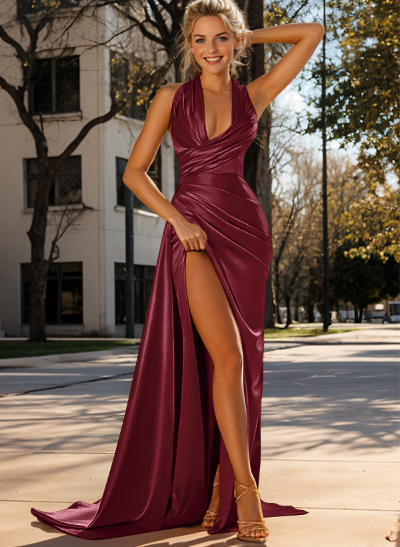 Sexy Halter Charmeuse Slit Prom Dresses With Ruffles