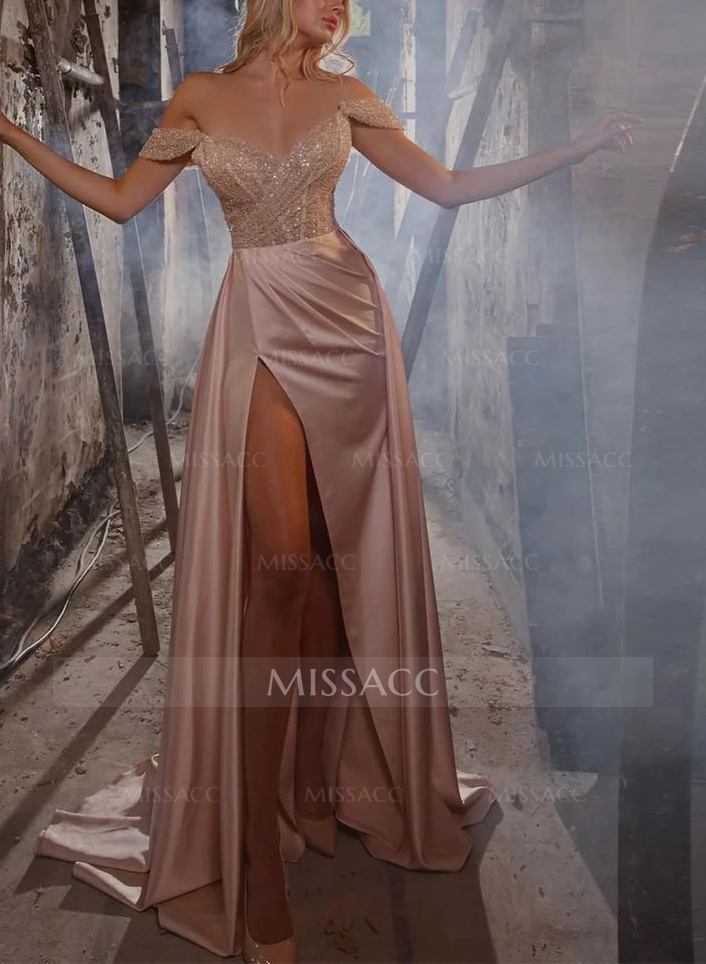 Off-The-Shoulder A-Line Sequined Satin Prom Dresses