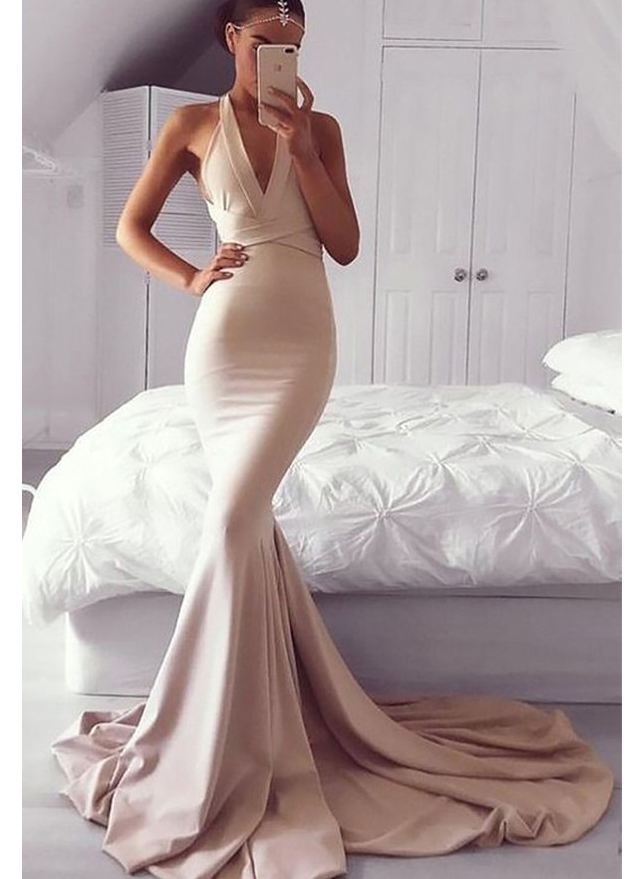 Sexy Trumpet/Mermaid Open Back Prom Dresses With V-Neck