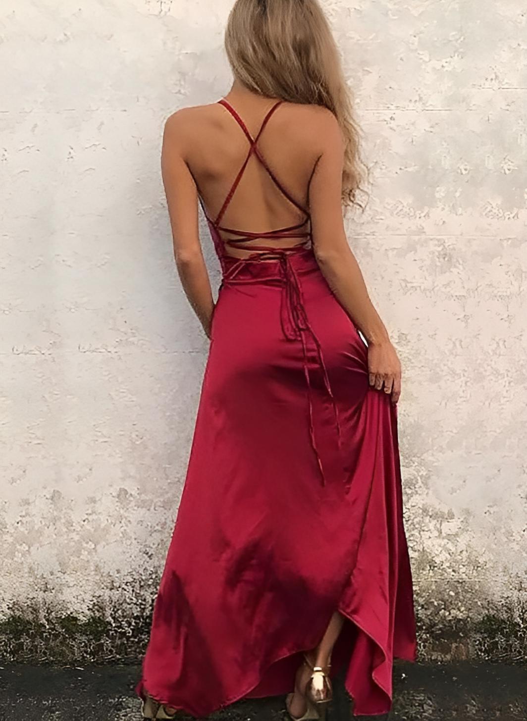 A-Line Cowl Neck Open Back Burgundy Prom Dresses With Satin