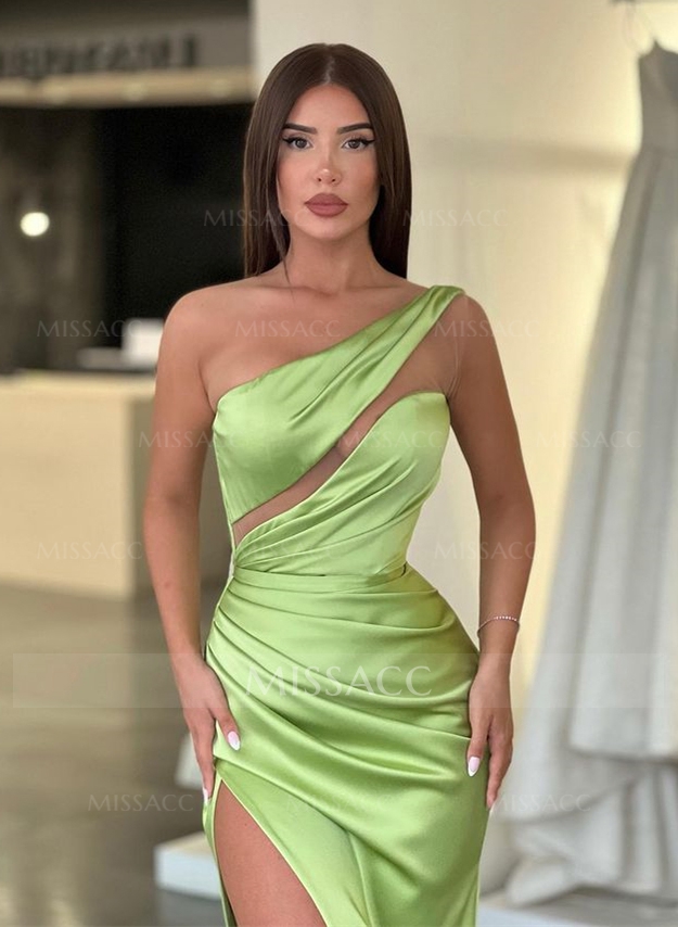 Green One-Shoulder Sheath/Column Slit Prom Dresses With Satin