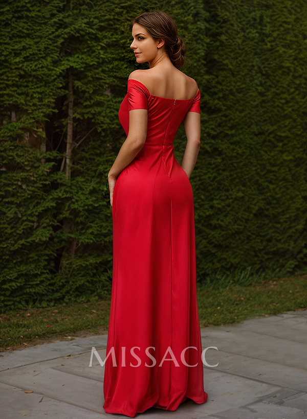 Sheath/Column Off-The-Shoulder Sleeveless Jersey Prom Dresses With High Split
