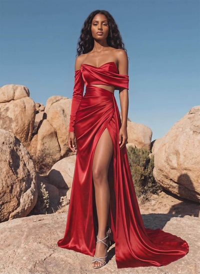Asymmetrical Neck Sheath/Column Prom Dresses With High Split
