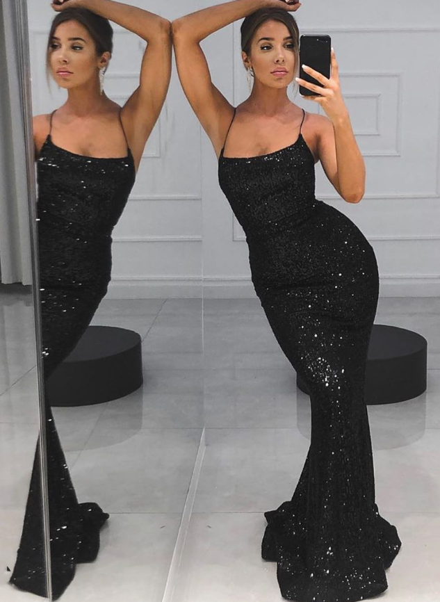 Black Sequined Spaghetti Straps Trumpet/Mermaid Prom Dresses
