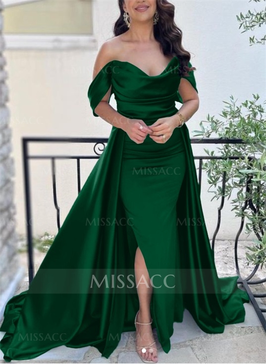 Off-The-Shoulder A-Line Green Satin Prom Dresses
