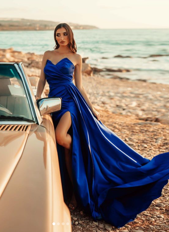 Royal Blue Sweetheart Satin A-Line Prom Dresses With Split Front