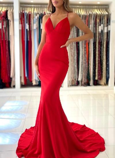 Red Trumpet/Mermaid V-Neck Spaghetti Straps Prom Dresses With Open Back