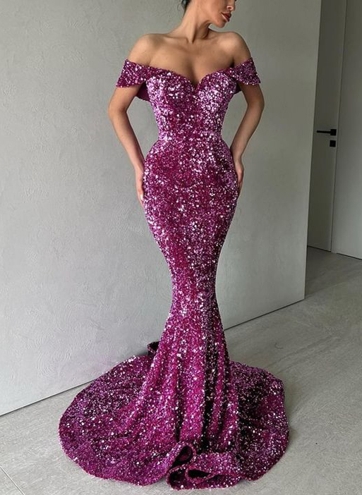 Trumpet/Mermaid Off-the-Shoulder Ruched Sequin Prom Dresses with Split Side