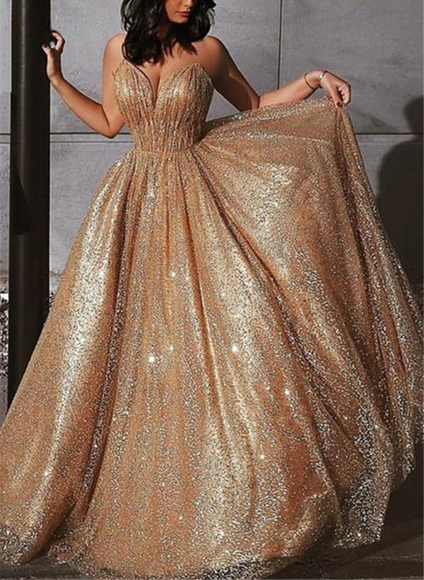 Sequined A-Line Sweetheart Backless Prom Dresses
