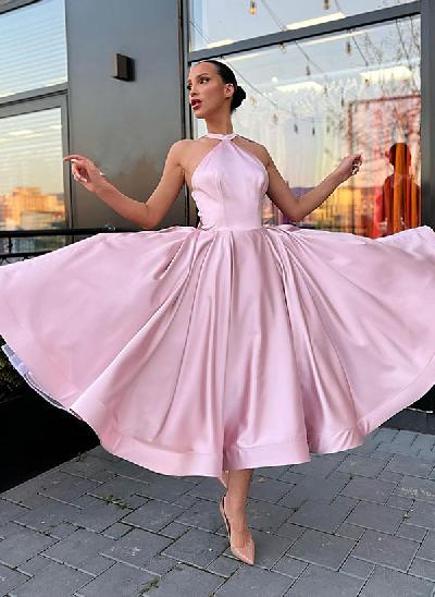 A-Line Halter Sleeveless Tea-Length Satin Prom Dresses With Bow(s)