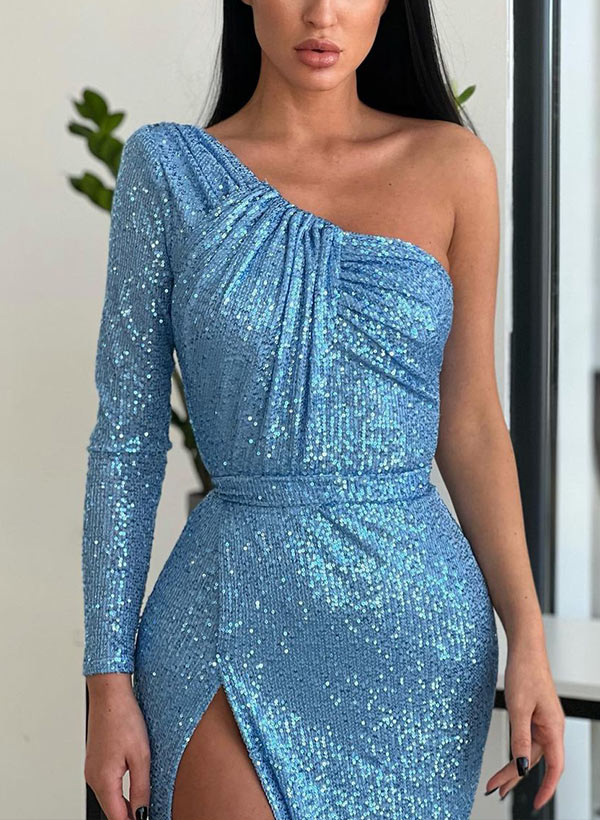 Sheath/Column One-Shoulder Long Sleeves Floor-Length Sequined Prom Dresses With Split Front
