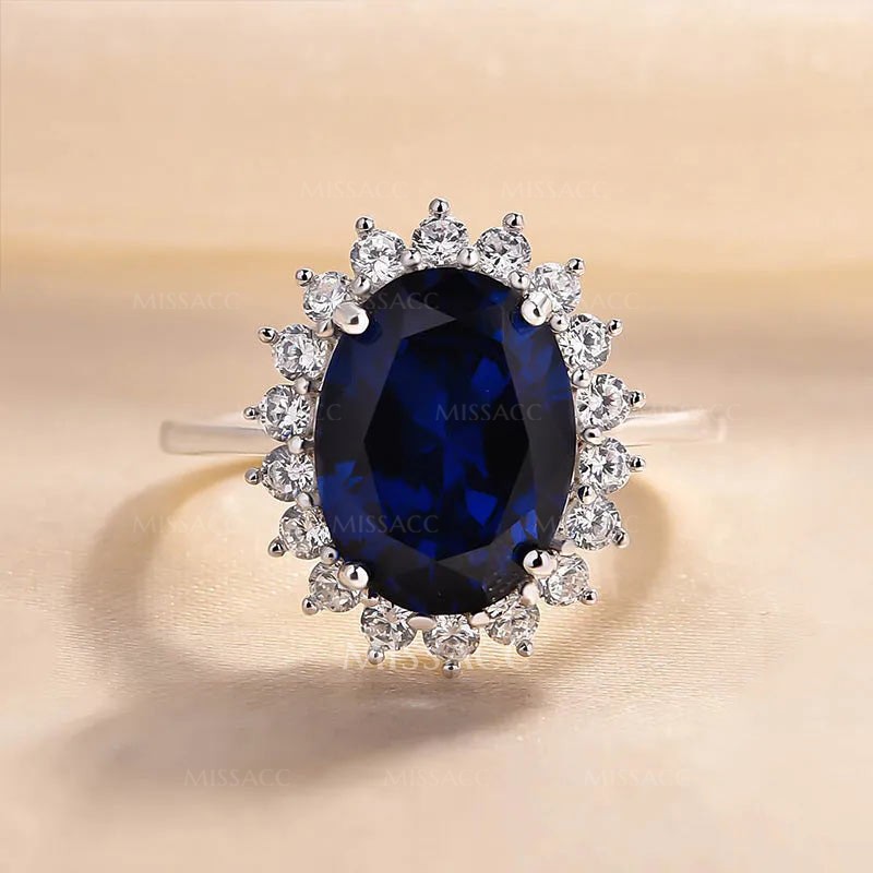 Luxurious Halo Oval Cut Blue Sapphire Engagement Ring