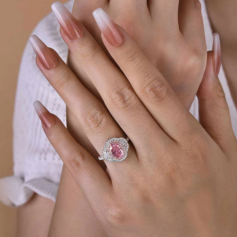 Gorgeous Double Halo Oval Cut Pink Sapphire Three Stone Engagement Ring