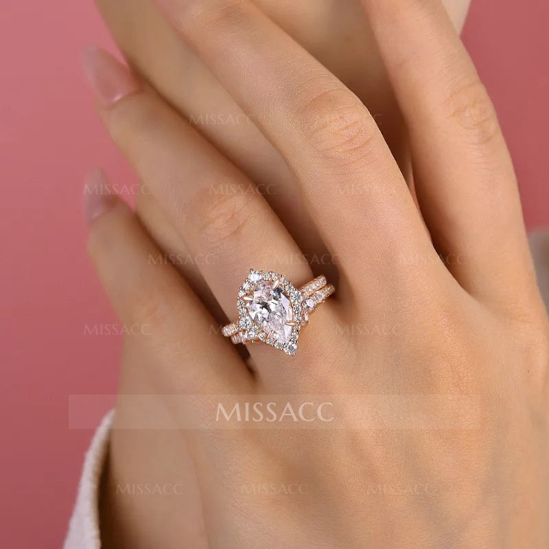Elegant Rose Gold 2.2 Carat Halo Pear Cut Bridal Ring Set In Sterling Silver