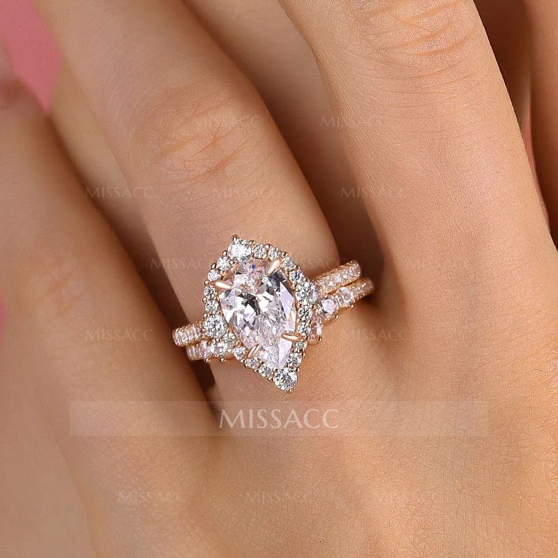 Elegant Rose Gold 2.2 Carat Halo Pear Cut Bridal Ring Set In Sterling Silver