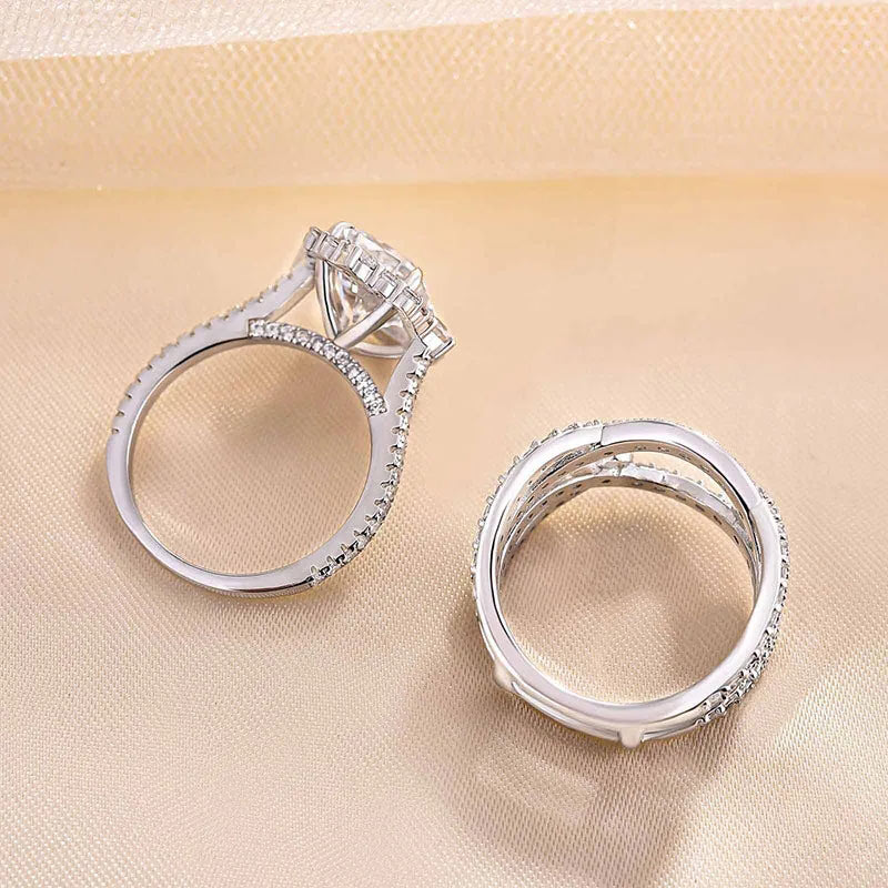 Vintage Halo Radiant Cut Insert Wedding Ring Set For Women In Sterling Silver