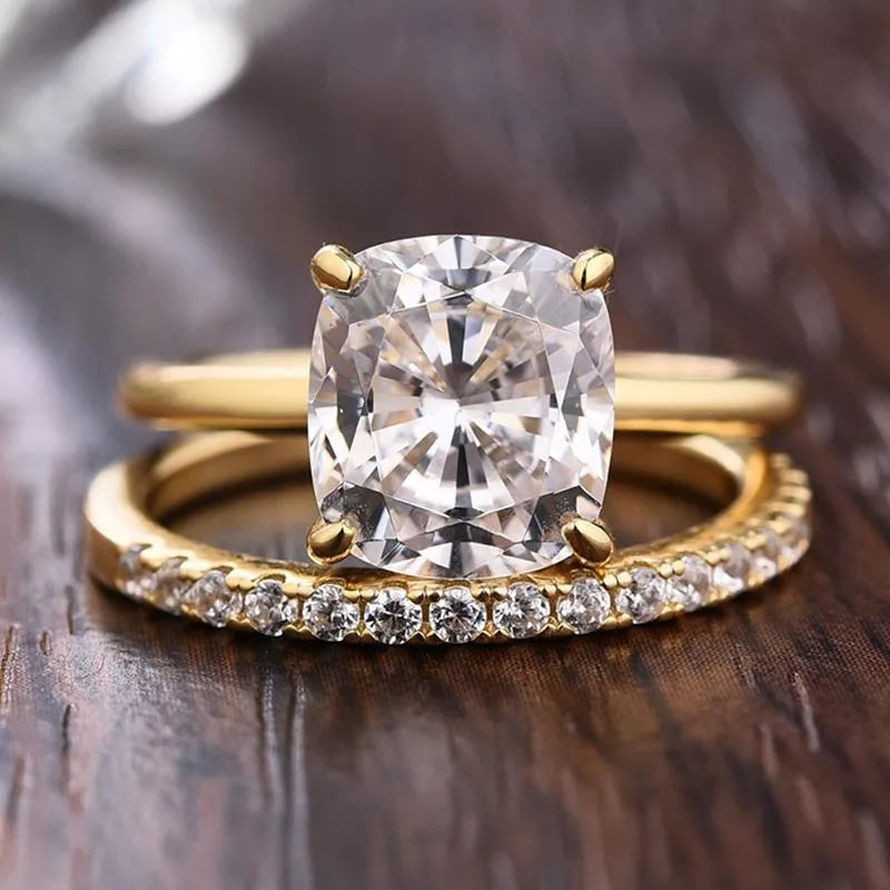 Classic Yellow Gold Cushion Cut Bridal Ring Set In Sterling Silver
