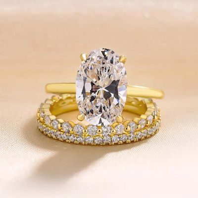 Oval Cut Yellow Gold Women's Wedding Ring Sets In Sterling Silver