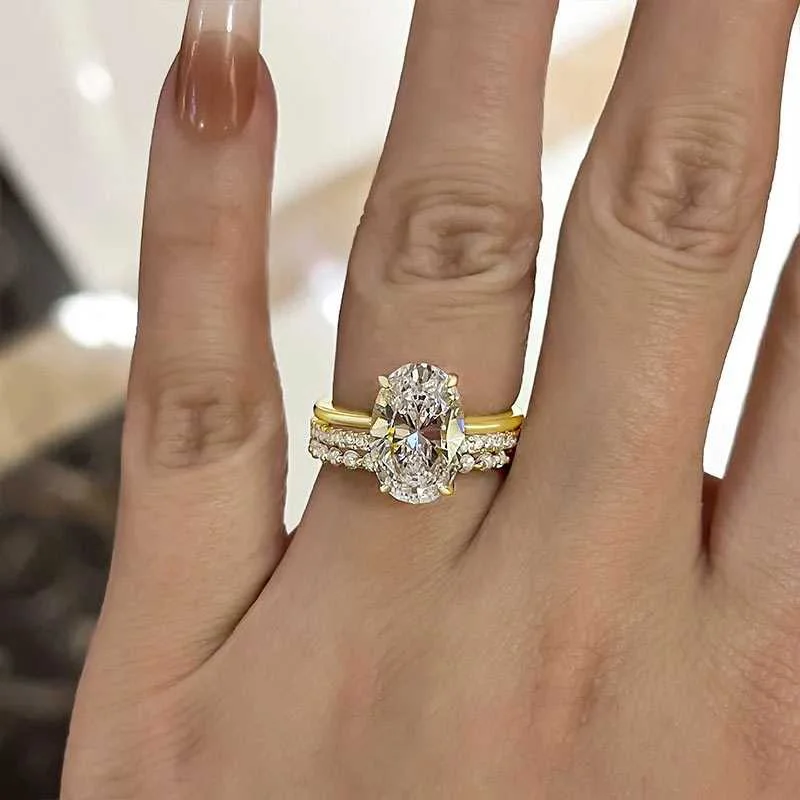 Oval Cut Yellow Gold Women's Wedding Ring Sets In Sterling Silver