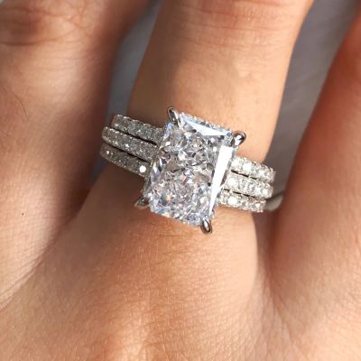 Simulated Diamond Radiant Cut 3-Pieces Wedding Ring Set In White Gold