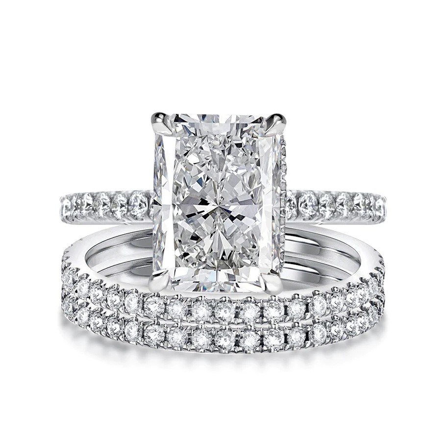 Simulated Diamond Radiant Cut 3-Pieces Wedding Ring Set In White Gold