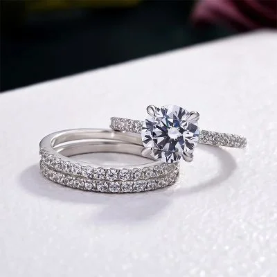 Elegant Round Cut 3-Piece Wedding Ring Set in Sterling Silver
