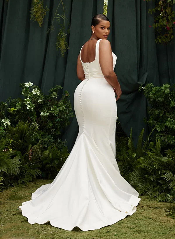 Mermaid Cowl Neck Sleeveless Sweep Train Elastic Satin Wedding Dresses - Missacc Mermaid Cowl Neck Sleeveless Sweep Train Elastic Satin Wedding Dresses - Missacc