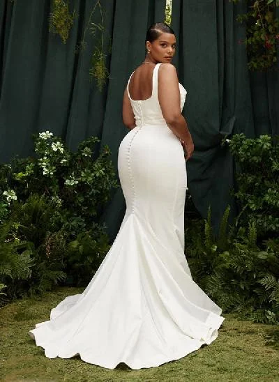 Trumpet/Mermaid Cowl Neck Sleeveless Court Train Elastic Satin Wedding Dresses