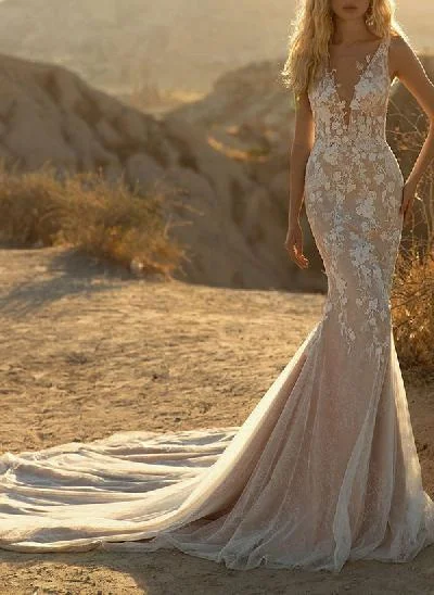 Trumpet/Mermaid Illusion Neck Tulle Wedding Dresses With Appliques Lace