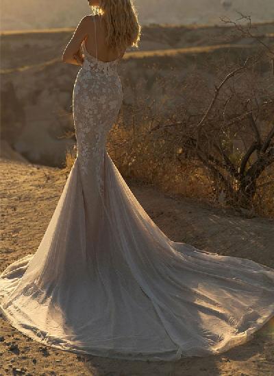 Trumpet/Mermaid Illusion Neck Tulle Wedding Dresses With Appliques Lace