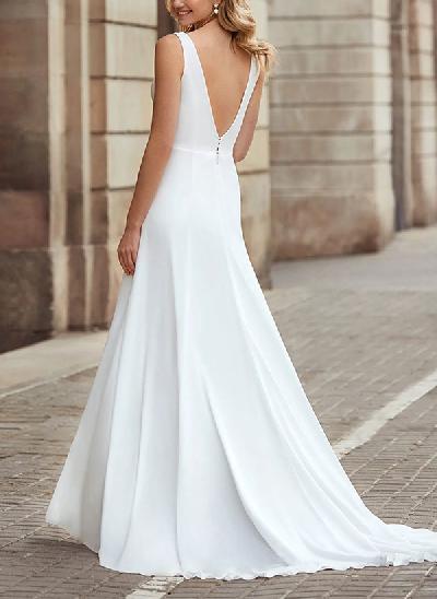 A-Line V-Neck Sleeveless Elastic Satin Wedding Dresses With Split Front