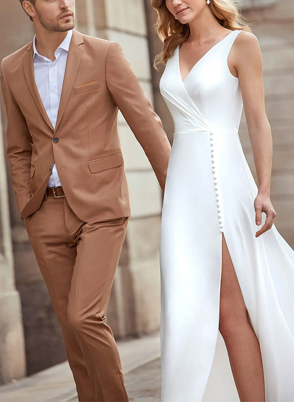 A-Line V-Neck Sleeveless Elastic Satin Wedding Dresses With Split Front