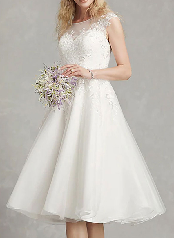 A-Line Illusion Neck Vintage Tulle Wedding Dresses With Appliques Lace
