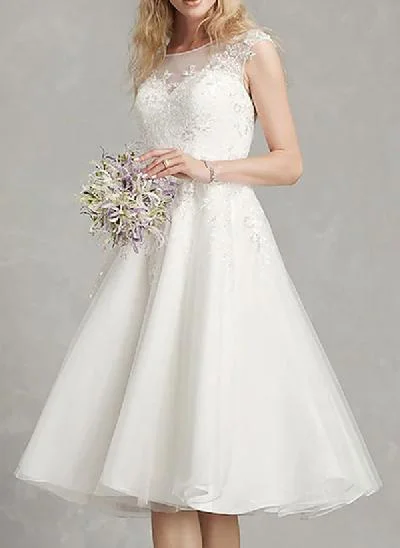 A-Line Illusion Neck Vintage Tulle Wedding Dresses With Appliques Lace