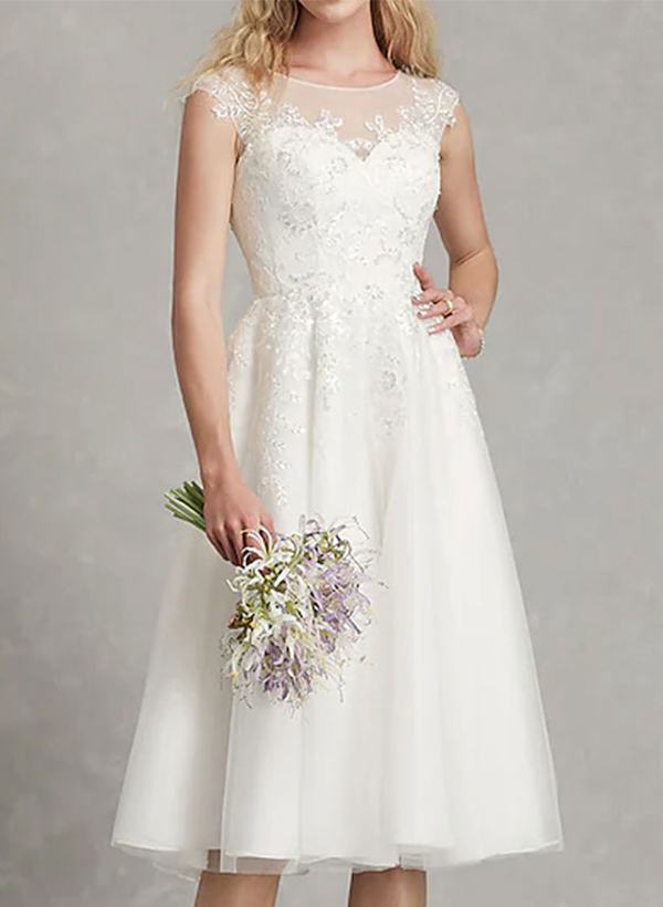 A-Line Illusion Neck Vintage Tulle Wedding Dresses With Appliques Lace